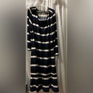 Navy, black, and white striped dress